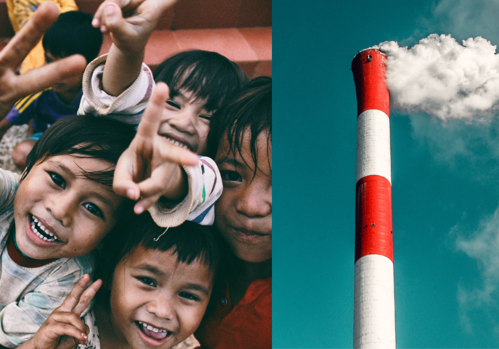 children waving to the camera and a white and red smoke stack