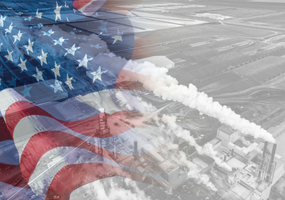 american flag over image of factories